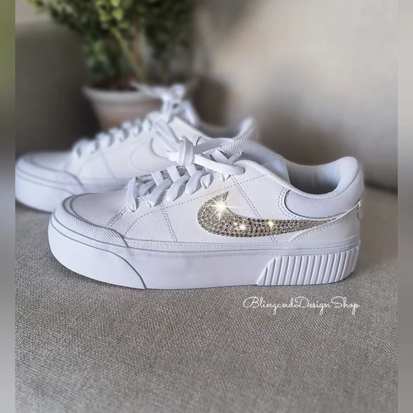 Women's Nike Court Legacy Lift White Sneakers Customized With Clear Crystals - Picture 8 of 8